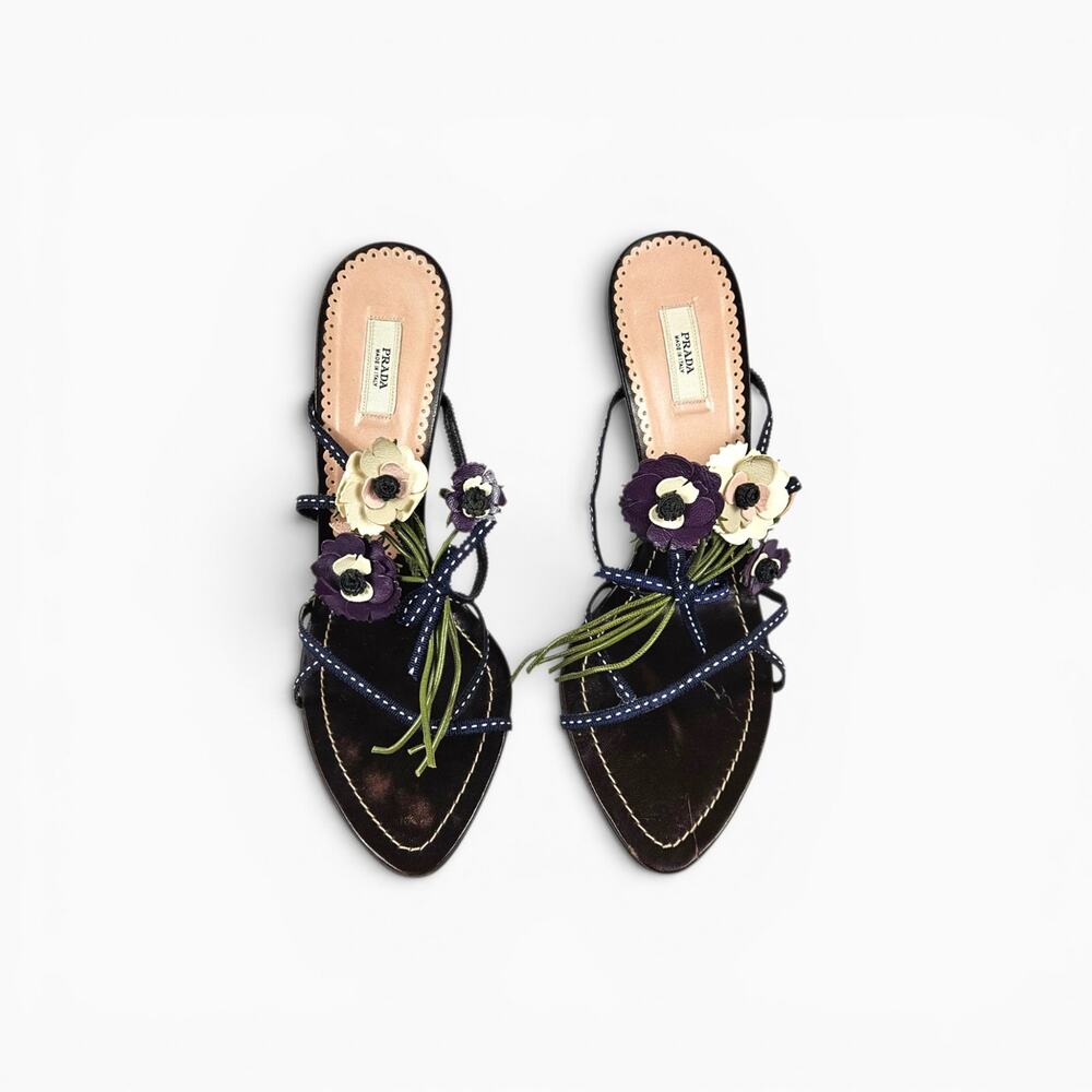 Vintage Prada Heels Leather Flower Mules Y2k - Size 37 (7) - Picture 2 of 7